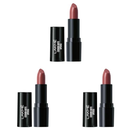 Image of Lakme Forever Matte Lipstick, Waterproof, Non Drying, Creamy Matte Bullet Lipstick Made With French Rose Oil Extracts, Nude Toast, 4.5g (Pack of 3)