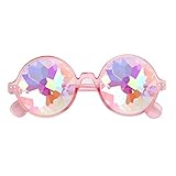 Tamaño: 14 x 12 cm Caleidoscopio Rave Gafas de cristal con marco redondo Lente de cristal Rainbow Prism Refracción Gafas para Fiesta Festival Favores, rosa, talla única