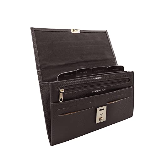 Woodland Leather Passport Holder, Faux Leather Passport Holder Travel Wallet, Travel Document Wallet Organiser with RFID Credit Card Slot and Key Lock (Dark Brown)