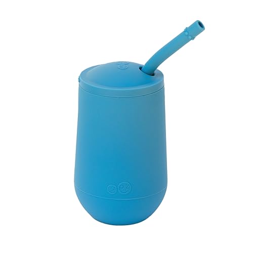 Image of ezpz Happy Cup + Straw System (Blue) - 24 months+ - 100% Silicone Cup + Straw for Older Toddler + Preschoolers - Designed by a Pediatric Feeding Specialist