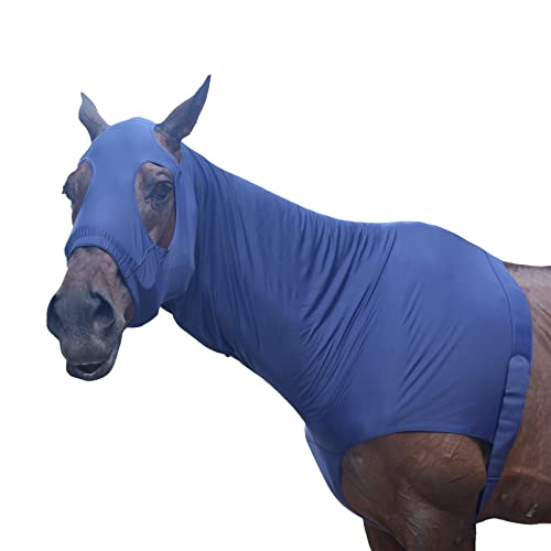 Image of Horse Slinky Hood with Zipper, Stretch Spandex Sleazy Hood for Mane Protection, Breathable Horse Neck Cover for Show Prep, Braids Saver, Sleek Grooming Under Blanket Use Navy X-Large