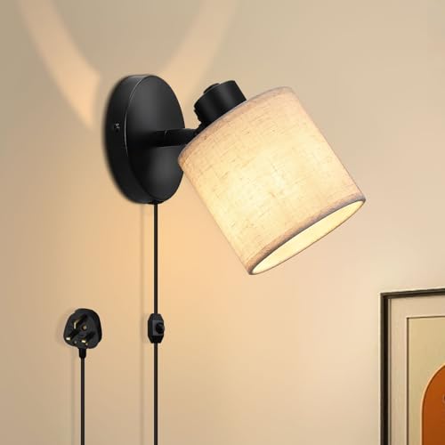 Winverty Plug in Wall Light with Switch, Dimmable Vintage Wall Lamp with Beige Fabric Shade 350° Rotatable, E27 Bedside Wall Sconce Lights for Bedroom Living Room