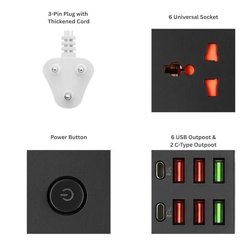 Image of Extension Board, Power Strip with 6 USB Ports and 6 Universal Socket, 2500W 10A Extension Cord, 3-Pin Surge Protector Power Strip for Home, Office, Computer, Mobile Charging (Z69-Black)