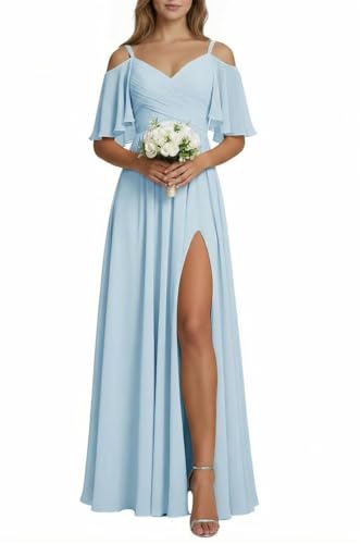 BRIGOW Robe de demoiselle d'honneur froncée à épaules dénudées pour mariage robe de soirée formelle en mousseline de soie avec poches BY090, bleu ciel, 60
