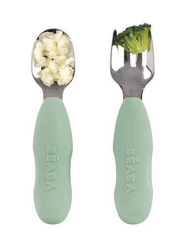 BEABA Set of 2 Stainless Steel Pre-Cutlery, Baby Toddler Stainless Steel with Silicone Utensils, Silverware Spoon Fork for Baby Toddler, Sage