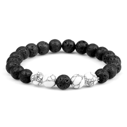 Bracelets en Pierre Noire et Blanche Perles Élastiques 17 cm pour Couple