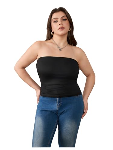 WDIRARA Women's Plus Size Strapless Ruched Crop Tube Tops Summer Slim Fit Sleeveless Bandeau Top Black 2XL