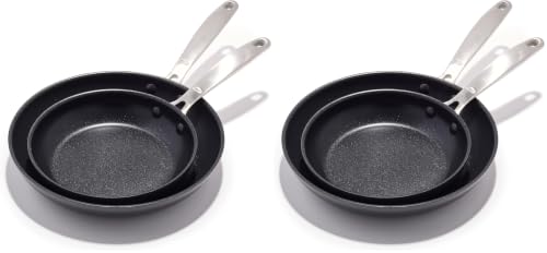 Image of OXO Enhanced Frying Pan Skillet Set, Healthy Ceramic Nonstick, PFAS-Free, Stainless Steel Handle, Dishwasher Safe, Oven Safe, Black, 8 inch and 10 inch Frying Pan Skillet Set (Pack of 2)