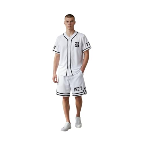 BILL TORNADE Ensemble Baseball Homme Été – Tenue Streetwear Casual 2 Pièces Ensemble - L Blanc