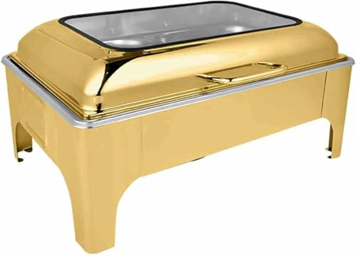 Plato de Calentamiento para bufé con Tapa de Vidrio hidráulica, 9 l, Cuadrado, de Acero Inoxidable Dorado, Ideal para hoteles, restaurantes y Fiestas.,Gold-57 * 42.5 * 27cm
