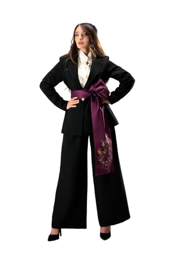 RONDOOZ Women’s Black Crepe Blazer & Wide-Leg Trousers Set with Hand-Painted Tafetta Belt – Contemporary Formal Two-Piece Suit (FR/ES, Letras, S, Regular, Regular)