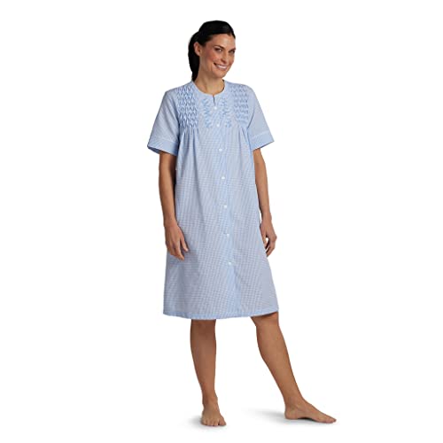 Miss Elaine Robe - Women s Short Seersucker Robe, Snap Front and Short Sleeves, Sleepwear (Large, Blue White)