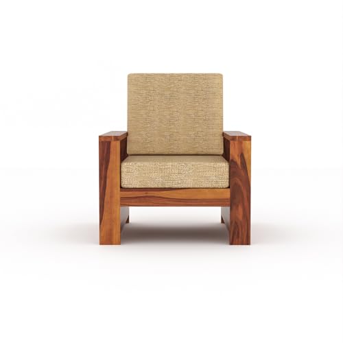 Image of Sheesham Wooden 1 Seater Sofa for Living Room | Rosewood 1 Seater Cushion Sofa with Side Rack | Solid Wood Sofa Set for Lounge (1 Seater,Honey)