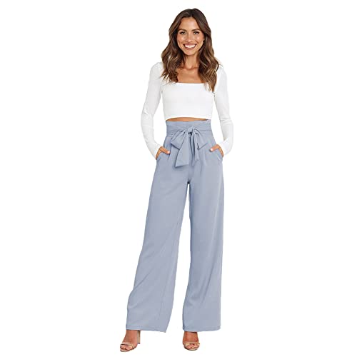 Women's Casual High Waist Belted Wide Leg Pants with Pocket Bow-Knot Self Tie Work Pants Long Palazzo Pants Trousers