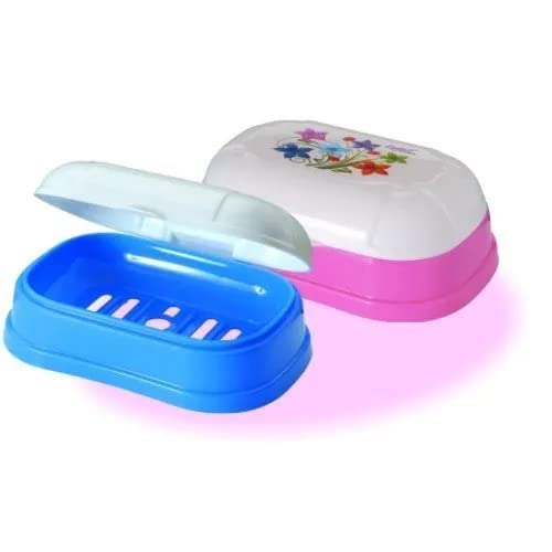 Dmitry Plastic Transparent Unbreakable Soap Case with Lid, Soap Holder, Soap Dish for Bathroom Kitchen Sink -Set of 2 (Multi Colors)