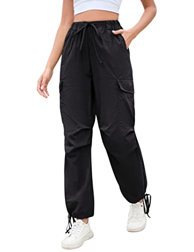 Clearflower Drawstring Cargo Pants For Women Parachute High Waist Lightweight Y2K Loose Pants With Pockets Black S #TOP7