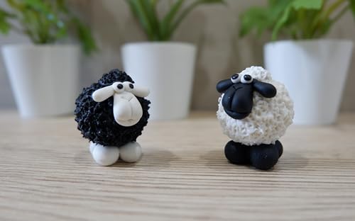 2-Miniature-Sheep-Figurines-White-Black-Made-from-The-Best-Special-of-Clay-in-Thailand-It-is-an-Ideal-Handicraft-for-Decorating-Home-and-Garden 2 Miniature Sheep Figurines White Black Made from The Best Special of Clay in Thailand It is an Ideal Handicraft for Decorating Home and Garden