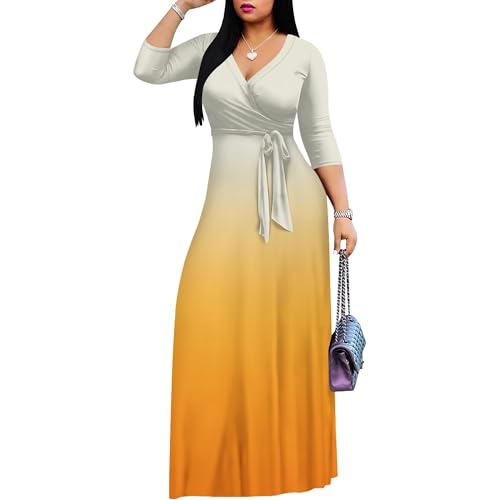 Image of PinkPatty Women's Plus Size Maxi Dress Casual 3 /4 Sleeve Dress with Belt | Soft stretch feel, printed style, flowy A-line fit, v neck, waist tie, side pockets, for vacation, party and daily wear