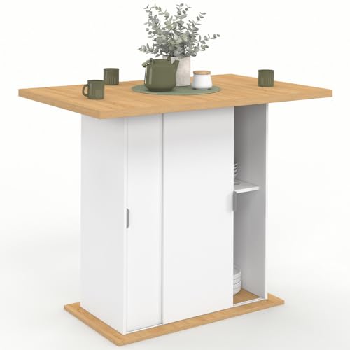 IDMarket - Ilot Central 4 Personnes Paxton 110 cm Pied Central avec Rangement Bois Blanc avec Plan de Travail façon hêtre