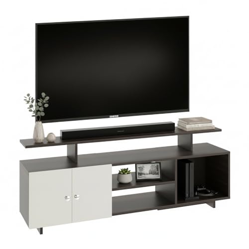 Image of FURNEASER Eskido Engineered Wood TV Entertainment Unit, Floor Standing TV Cabinet with Storage Shelves for Living Room, TV Stand for 32,43,50 & 55 Inch TV (Exotic Teak & White) (Wenge & White)