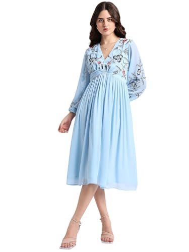 Image of Amazon Brand - INKAST Women Embroidered V-Neck Chiffon A-line Dress | Casual & Semi-Formal Everyday Office Wear | Long Sleeve | Knee Length
