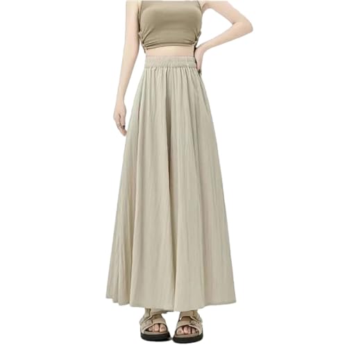 OWEIEYEU Pantalones tobilleros de color sólido para mujer, cintura alta elástica, casuales, holgados, de pierna ancha, beige, L