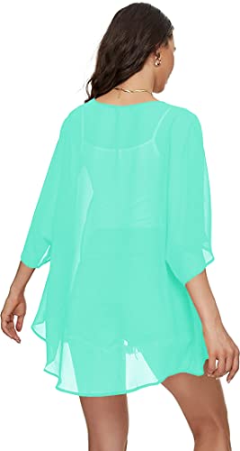 Image of Indian Trendy Women's Solid Puff Sleeve Kimono Cardigan Loose Cover Up Casual Blouse Top Chiffon