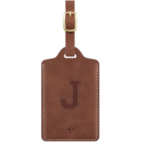 Luggage Tags for Suitcase Embossed Personalized Initial Letter J Travel Tags with 3 Replaceable Name Cards Leather Privacy Bag Tags Travel Essentials Backpack Tags for Women and Men Brown J