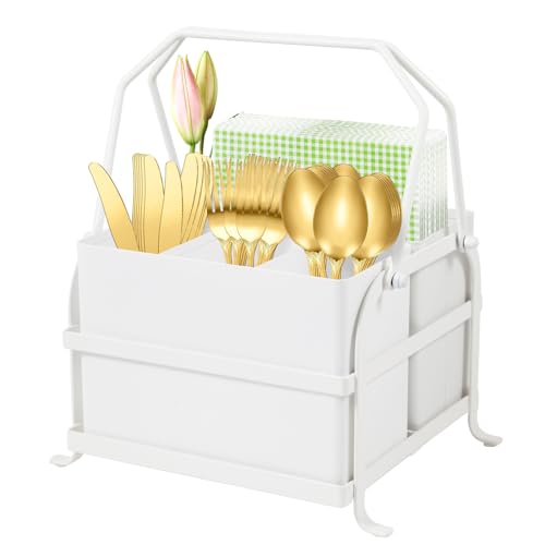 NelyBet Silverware Caddy Utensil Holder With Handle,Outdoor Silverware Holder Picnic Caddy and Camping Utensil Organizer, Flatware Holder for Party Gatherings, Metal -White