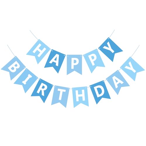 Image of Happy Birthday Banner Sign, Birthday Garland Wall Door Hanging Banners Flag for Women Men Boys Girls Party Backdrop Decorations, Personalized Name Banner White Letters Light Blue
