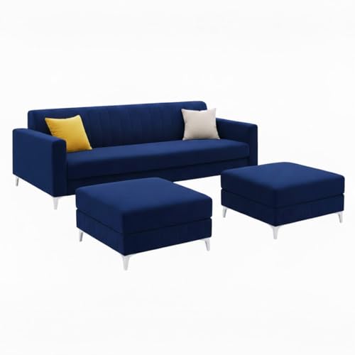 Image of Amelia 5 Seater L Shape Sofa Set with 2 Movable Ottomans | Flexible Layout | Rich Velvet Suede Fabric | Silver Legs | Spacious Seating | Modern Sofa for Living Room (Dark Blue)