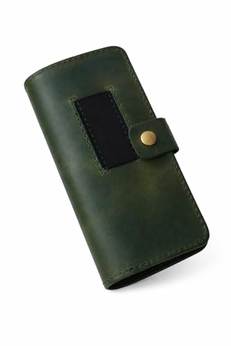 Image of Distressed Leather Checkbook Cover with Pen Holder Full Grain Green Leather Check Book Cover for Personal or Duplicate Checks Executive Checkbook Wallet for Men Women Slim Gift Organizer