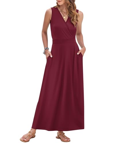 Image of AUSELILY Womens Maxi Dress Summer Sleeveless Wrap Long Dresses with Pockets | V-Neck Wrap Sleeveless Sundress, fits formal, casual, beach, vacation & daily wear