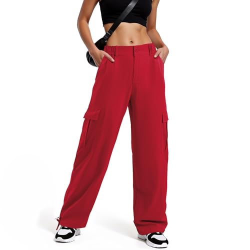 American Trends Pink Women's High Rise Cargo Pants with 4 Front Pockets, Ankle Length, Lightweight, Regular Fit, Large