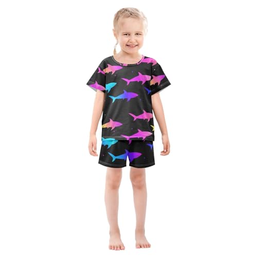 ALAZA Rainbow Shark Black Pajamas Set Short Sleeve Cotton Sleepwear Summer Pjs 2 Piece 5-14Y3