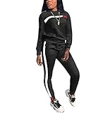 Nhicdns Jogging Suit Sets for Women 2 Piece Outfits Sweatsuit Color Block Round Neck Sweatshirt + Sk