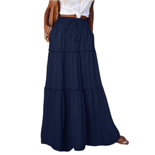 Skirts for Women Summer Flowy Tiered Elastic High Waisted Skirt Vacation Swing Long Solid Maxi Beach Skirts2