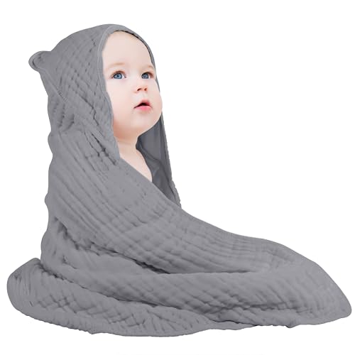 Image of Yoofoss Hooded Baby Towels for Newborn 100% Muslin Cotton Baby Bath Towel with Hood for Babies, Infant, Toddler and Kids, Large 32x32Inch, Soft and Absorbent Newborn Essential,Grey