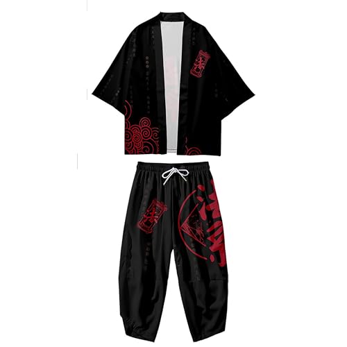 Image of DOSLAVIDA Men's Japanese Kimono Jacket Set Stylish Open Front Coat With Shorts Chinese Style Printed Cardigan Suit