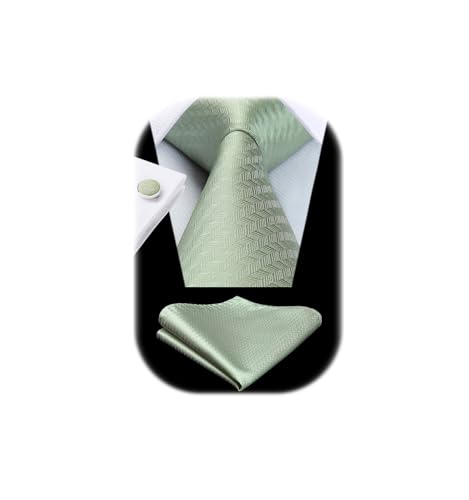 Enlision Sage Green Ties for Men Wedding Tie and Pocket Square Cufflinks Set Herringbone Light Green Necktie with Handkerchief Party Formal