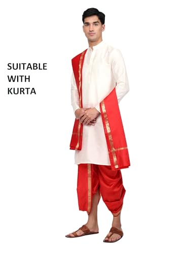 Image of Rameshwaram Fabrics Mens Ready to Wear Silk Dhoti with Angwastra Set - Pocket Dhothi
