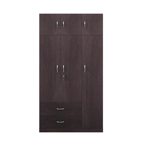 Image of VIKI Wardrobe | Wooden Almirah for Clothes,Door for Bedroom, 3 Door Loft Wardrobe with Drawer & Hanging Space (Dark Wenge - 40D x 120W x 220H) | 1 Year Warranty | Free Assembly
