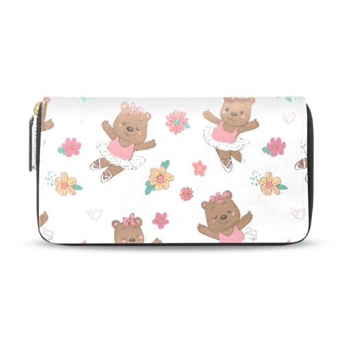 Long Wallets Leather Bifold Wallet for Women Cute Bear Ballet with Zipper Credit Card Holder Large Capacity