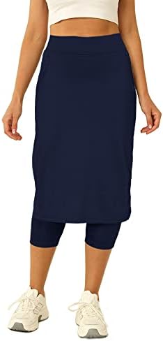 Aurgelmir Womens Tennis Skirt with Capris Leggings Golf Knee Length Skorts Athletic Long Skirts for Women with Pockets Navy