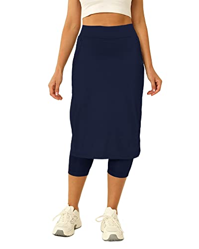 Aurgelmir Womens Tennis Skirt With Capris Leggings Golf Knee Length Skorts Athletic Long Skirts For Women With Pockets Navy #TOP20