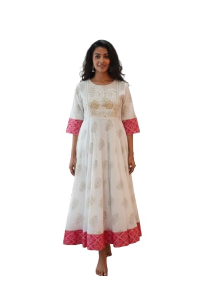 Diya - Creation Women's Rayon Anarkali Dress, White with Pink Contrast, Block Print, 3/4 Sleeves-picture-10