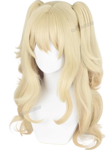 Image of Blonde Curly Ponytail Anime Wig with Bangs 27.5'' Blonde Twin Tail Wigs | Light Golden Orange Gradient Pigtails Wig for Women Costumes Party Halloween