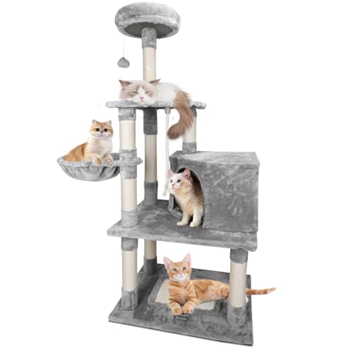 Nobleza Albero per Gatti 148 cm, Tiragraffi con Amaca, 9 Pali Sisal, 2 Piattaforme, Pompon e Cuscino, Gioco per Gatti Adulti, Grigio