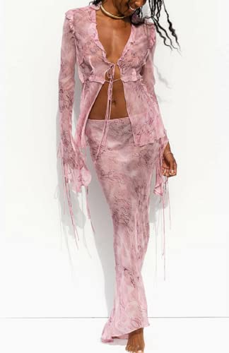 Women Y2K Ruffle Mesh 2 Piece Skirt Set Sheer Sleeveless Tube Top Flower Ruffle Split Mini Skirt Streetwear Outfits2