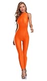 speerise One Piece Bodycon Jumpsuit for Women Sleeveless Spandex Bodysuit Zipper Romper for Club Catsuit, Orange, S
